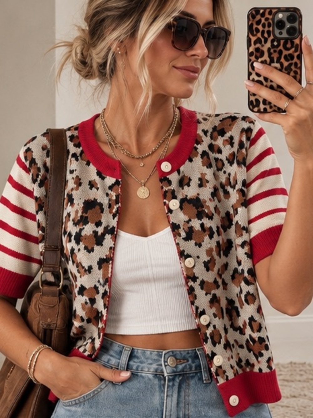 Leopard Stripe Short Sleeve Button Front Cardigan